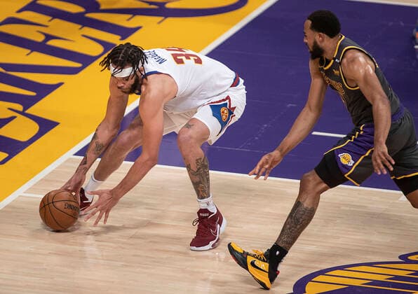 May 3, 2021, Los Angeles, California, USA: JaVale McGee 34 of the Denver Nuggets wins a loose ball during their regular season NBA, Basketball Herren, USA game with the Los Angeles Lakers on Monday May 3, 2021 at the Staples Center in Los Angeles, California. Lakers defeat Nuggets, 93-89. PI Los Angeles USA - ZUMAp124 20210503_zaa_p124_019 Copyright: xJAVIERxROJASx