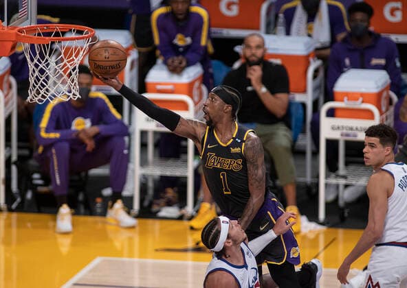 May 3, 2021, Los Angeles, California, USA: Kentavious Caldwell-Pope 1 of the Los Angeles Lakers goes for a layup during their regular season NBA, Basketball Herren, USA game with the Denver Nuggets on Monday May 3, 2021 at the Staples Center in Los Angeles, California. Lakers defeat Nuggets, 93-89. PI Los Angeles USA - ZUMAp124 20210503_zaa_p124_024 Copyright: xJAVIERxROJASx