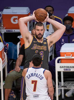 May 3, 2021, Los Angeles, California, USA: Marc Gasol 14 of the Los Angeles Lakers looks to pass the ball during their regular season NBA, Basketball Herren, USA game with the Denver Nuggets on Monday May 3, 2021 at the Staples Center in Los Angeles, California. Lakers defeat Nuggets, 93-89. PI Los Angeles USA - ZUMAp124 20210503_zaa_p124_027 Copyright: xJAVIERxROJASx