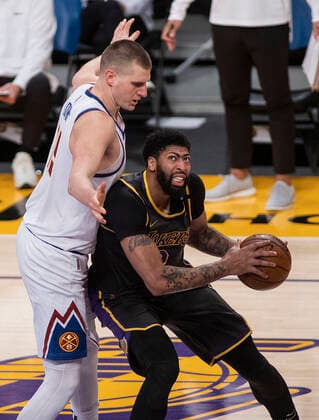 May 3, 2021, Los Angeles, California, USA: Nikola Jokic 15 of the Denver Nuggets tries to block Anthony Davis 3 of the Los Angeles Lakers during their regular season NBA, Basketball Herren, USA game on Monday May 3, 2021 at the Staples Center in Los Angeles, California. Lakers defeat Nuggets, 93-89. PI Los Angeles USA - ZUMAp124 20210503_zaa_p124_031 Copyright: xJAVIERxROJASx