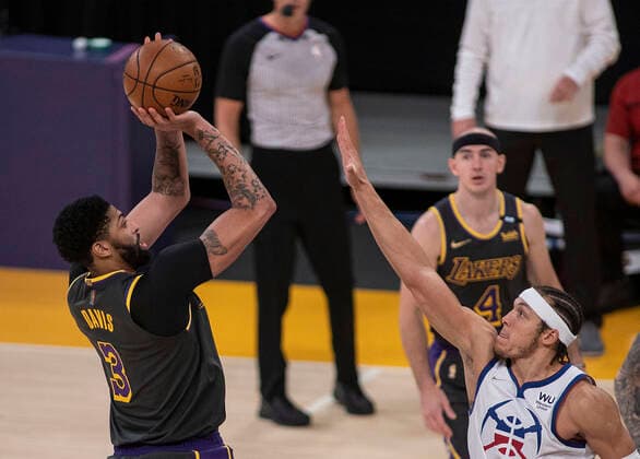 May 3, 2021, Los Angeles, California, USA: Anthony Davis 3 of the Los Angeles Lakers takes a jump shot during their regular season NBA, Basketball Herren, USA game with the Denver Nuggets on Monday May 3, 2021 at the Staples Center in Los Angeles, California. Lakers defeat Nuggets, 93-89. PI Los Angeles USA - ZUMAp124 20210503_zaa_p124_046 Copyright: xJAVIERxROJASx