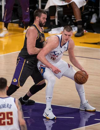 May 3, 2021, Los Angeles, California, USA: Nikola Jokic 15 of the Denver Nuggets tries to drive past Marc Gasol 14 of the Los Angeles Lakers during their regular season NBA, Basketball Herren, USA game on Monday May 3, 2021 at the Staples Center in Los Angeles, California. Lakers defeat Nuggets, 93-89. PI Los Angeles USA - ZUMAp124 20210503_zaa_p124_049 Copyright: xJAVIERxROJASx