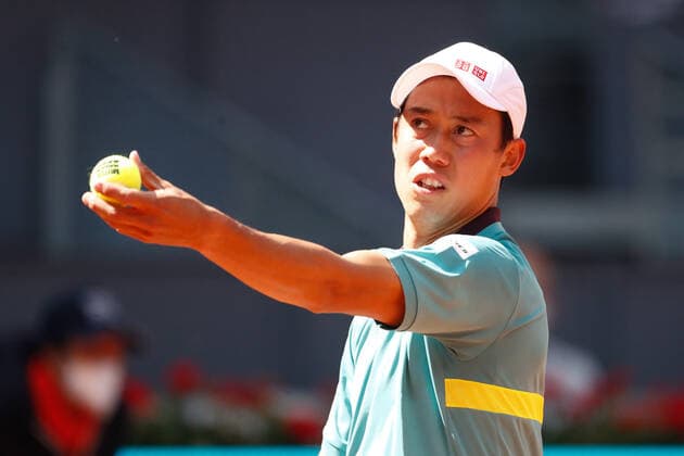 May 4, 2021, MADRID, MADRID, SPAIN: Kei Nishikori of Japan in action during his Men s Singles match, round of 64, against Karen Khachanov of Russia on the ATP, Tennis Herren Masters 1000 - Mutua Madrid Open 2021 at La Caja Magica on May 4, 2021 in Madrid, Spain. MADRID SPAIN - ZUMAa181 20210504_zaa_a181_014 Copyright: xOscarxJ.xBarrosox