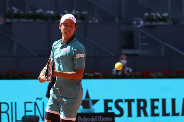 May 4, 2021, MADRID, MADRID, SPAIN: Kei Nishikori of Japan in action during his Men s Singles match, round of 64, against Karen Khachanov of Russia on the ATP, Tennis Herren Masters 1000 - Mutua Madrid Open 2021 at La Caja Magica on May 4, 2021 in Madrid, Spain. MADRID SPAIN - ZUMAa181 20210504_zaa_a181_015 Copyright: xOscarxJ.xBarrosox