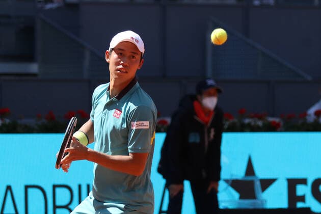 May 4, 2021, MADRID, MADRID, SPAIN: Kei Nishikori of Japan in action during his Men s Singles match, round of 64, against Karen Khachanov of Russia on the ATP, Tennis Herren Masters 1000 - Mutua Madrid Open 2021 at La Caja Magica on May 4, 2021 in Madrid, Spain. MADRID SPAIN - ZUMAa181 20210504_zaa_a181_016 Copyright: xOscarxJ.xBarrosox