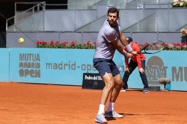May 4, 2021, MADRID, MADRID, SPAIN: Karen Khachanov of Russia in action during his Men s Singles match, round of 64, against Kei Nishikori of Japan on the ATP, Tennis Herren Masters 1000 - Mutua Madrid Open 2021 at La Caja Magica on May 4, 2021 in Madrid, Spain. MADRID SPAIN - ZUMAa181 20210504_zaa_a181_019 Copyright: xOscarxJ.xBarrosox