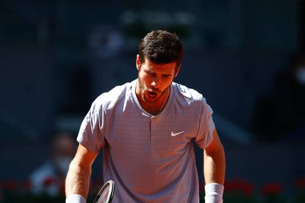 May 4, 2021, MADRID, MADRID, SPAIN: Karen Khachanov of Russia in action during his Men s Singles match, round of 64, against Kei Nishikori of Japan on the ATP, Tennis Herren Masters 1000 - Mutua Madrid Open 2021 at La Caja Magica on May 4, 2021 in Madrid, Spain. MADRID SPAIN - ZUMAa181 20210504_zaa_a181_028 Copyright: xOscarxJ.xBarrosox