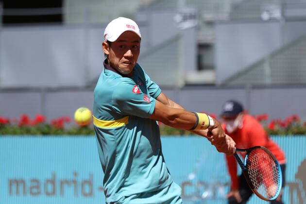 May 4, 2021, MADRID, MADRID, SPAIN: Kei Nishikori of Japan in action during his Men s Singles match, round of 64, against Karen Khachanov of Russia on the ATP, Tennis Herren Masters 1000 - Mutua Madrid Open 2021 at La Caja Magica on May 4, 2021 in Madrid, Spain. MADRID SPAIN - ZUMAa181 20210504_zaa_a181_030 Copyright: xOscarxJ.xBarrosox