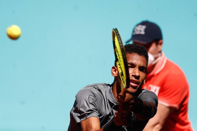 May 4, 2021, MADRID, MADRID, SPAIN: Felix Auger-Aliassime of Canada in action during his Men s Singles match, round of 64, against Casper Ruud of Norway on the ATP, Tennis Herren Masters 1000 - Mutua Madrid Open 2021 at La Caja Magica on May 4, 2021 in Madrid, Spain. MADRID SPAIN - ZUMAa181 20210504_zaa_a181_038 Copyright: xOscarxJ.xBarrosox