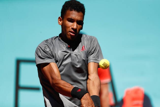 May 4, 2021, MADRID, MADRID, SPAIN: Felix Auger-Aliassime of Canada in action during his Men s Singles match, round of 64, against Casper Ruud of Norway on the ATP, Tennis Herren Masters 1000 - Mutua Madrid Open 2021 at La Caja Magica on May 4, 2021 in Madrid, Spain. MADRID SPAIN - ZUMAa181 20210504_zaa_a181_040 Copyright: xOscarxJ.xBarrosox