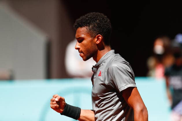 May 4, 2021, MADRID, MADRID, SPAIN: Felix Auger-Aliassime of Canada in action during his Men s Singles match, round of 64, against Casper Ruud of Norway on the ATP, Tennis Herren Masters 1000 - Mutua Madrid Open 2021 at La Caja Magica on May 4, 2021 in Madrid, Spain. MADRID SPAIN - ZUMAa181 20210504_zaa_a181_041 Copyright: xOscarxJ.xBarrosox