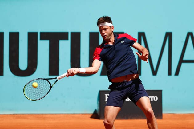May 4, 2021, MADRID, MADRID, SPAIN: Filip Krajinovic of Serbia in action during his Men s Singles match, round of 64, against Yoshihito Nishioka of Japan on the ATP, Tennis Herren Masters 1000 - Mutua Madrid Open 2021 at La Caja Magica on May 4, 2021 in Madrid, Spain. MADRID SPAIN - ZUMAa181 20210504_zaa_a181_042 Copyright: xOscarxJ.xBarrosox