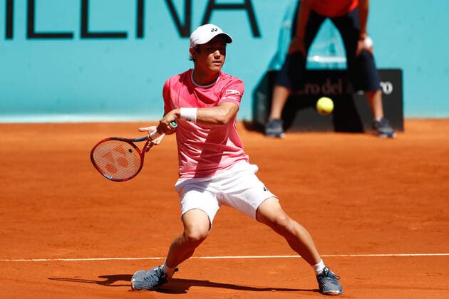 May 4, 2021, MADRID, MADRID, SPAIN: Yoshihito Nishioka of Japan in action during his Men s Singles match, round of 64, against Filip Krajinovic of Serbia on the ATP, Tennis Herren Masters 1000 - Mutua Madrid Open 2021 at La Caja Magica on May 4, 2021 in Madrid, Spain. MADRID SPAIN - ZUMAa181 20210504_zaa_a181_054 Copyright: xOscarxJ.xBarrosox