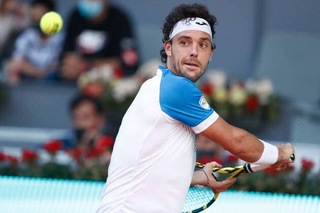 May 4, 2021, MADRID, MADRID, SPAIN: Marco Cecchinato of Italy in action during his Men s Singles match, round of 64, against Roberto Bautista Agut of Spain on the ATP, Tennis Herren Masters 1000 - Mutua Madrid Open 2021 at La Caja Magica on May 4, 2021 in Madrid, Spain. MADRID SPAIN - ZUMAa181 20210504_zaa_a181_187 Copyright: xOscarxJ.xBarrosox