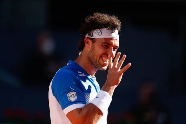 May 4, 2021, MADRID, MADRID, SPAIN: Marco Cecchinato of Italy in action during his Men s Singles match, round of 64, against Roberto Bautista Agut of Spain on the ATP, Tennis Herren Masters 1000 - Mutua Madrid Open 2021 at La Caja Magica on May 4, 2021 in Madrid, Spain. MADRID SPAIN - ZUMAa181 20210504_zaa_a181_192 Copyright: xOscarxJ.xBarrosox