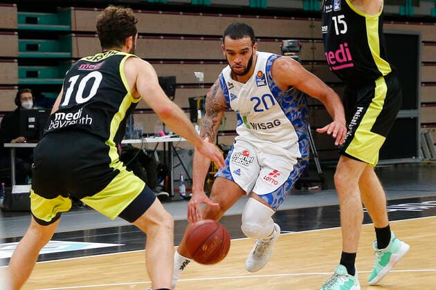 33 Matchday of the easyCredit BBL Basketball Bundesliga on 04 May 2021in the Oberfrankenhalle in Bayreuth Bavaria Germany Season 2020 2021 Medi Bayreuth vs Fraport Skyliners Frankfurt Bastian Doreth Medi Bayreuth 10 left Rasheed Moore Fraport Skyliners Frankfurt 20 right