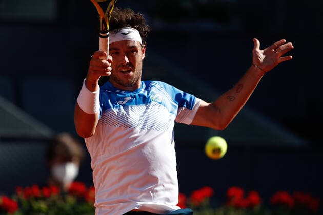 May 4, 2021, MADRID, MADRID, SPAIN: Marco Cecchinato of Italy in action during his Men s Singles match, round of 64, against Roberto Bautista Agut of Spain on the ATP, Tennis Herren Masters 1000 - Mutua Madrid Open 2021 at La Caja Magica on May 4, 2021 in Madrid, Spain. MADRID SPAIN - ZUMAa181 20210504_zaa_a181_201 Copyright: xOscarxJ.xBarrosox