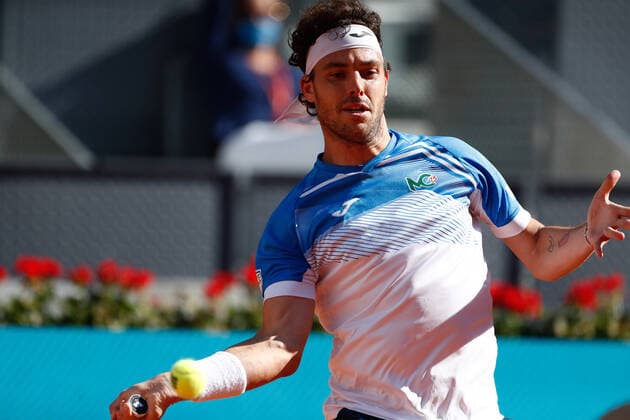 May 4, 2021, MADRID, MADRID, SPAIN: Marco Cecchinato of Italy in action during his Men s Singles match, round of 64, against Roberto Bautista Agut of Spain on the ATP, Tennis Herren Masters 1000 - Mutua Madrid Open 2021 at La Caja Magica on May 4, 2021 in Madrid, Spain. MADRID SPAIN - ZUMAa181 20210504_zaa_a181_204 Copyright: xOscarxJ.xBarrosox