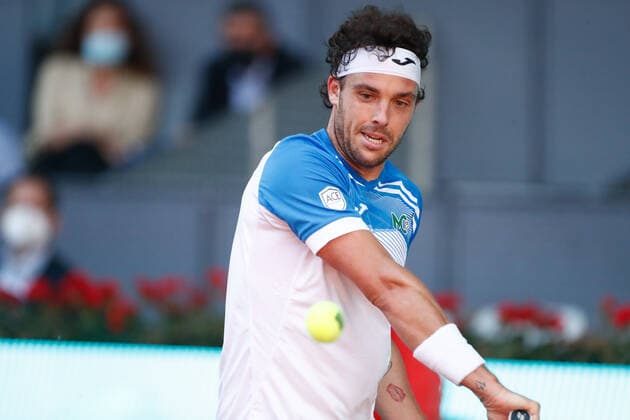 May 4, 2021, MADRID, MADRID, SPAIN: Marco Cecchinato of Italy in action during his Men s Singles match, round of 64, against Roberto Bautista Agut of Spain on the ATP, Tennis Herren Masters 1000 - Mutua Madrid Open 2021 at La Caja Magica on May 4, 2021 in Madrid, Spain. MADRID SPAIN - ZUMAa181 20210504_zaa_a181_206 Copyright: xOscarxJ.xBarrosox