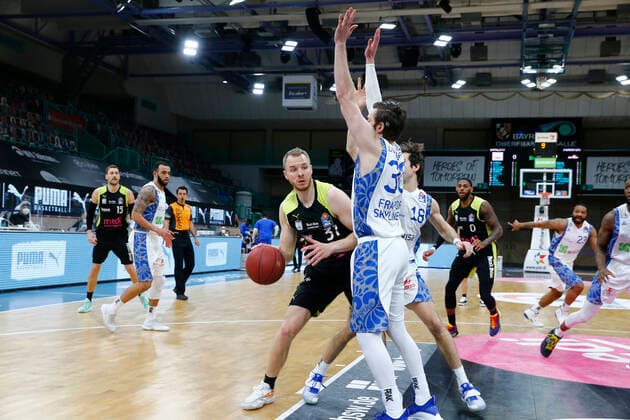 33 Matchday of the easyCredit BBL Basketball Bundesliga on 04 May 2021in the Oberfrankenhalle in Bayreuth Bavaria Germany season 2020 2021 Medi Bayreuth vs Fraport Skyliners Frankfurt Osvaldas Olisevicius Medi Bayreuth 31 left Jon Axel Gudmundsson Fraport Skyliners Frankfurt 30 right