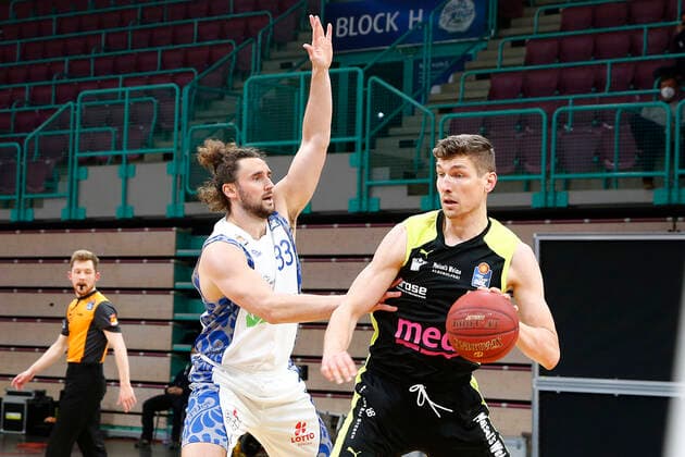 33 Matchday of the easyCredit BBL Basketball Bundesliga on 04 May 2021in the Oberfrankenhalle in Bayreuth Bavaria Germany season 2020 2021 Medi Bayreuth vs Fraport Skyliners Frankfurt Andreas Seiferth Medi Bayreuth 11 right Marco Völler Fraport Skyliners Frankfurt 33 right