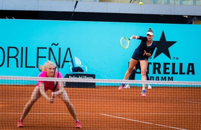 May 4, 2021, MADRID, MADRID, SPAIN: Barbora Krejcikova & Katerina Siniakova of the Czech Republic playing doubles at the 2021 Mutua Madrid Open WTA, Tennis Damen 1000 tournament MADRID SPAIN - ZUMAa181 20210504_zaa_a181_239 Copyright: xRobxPrangex