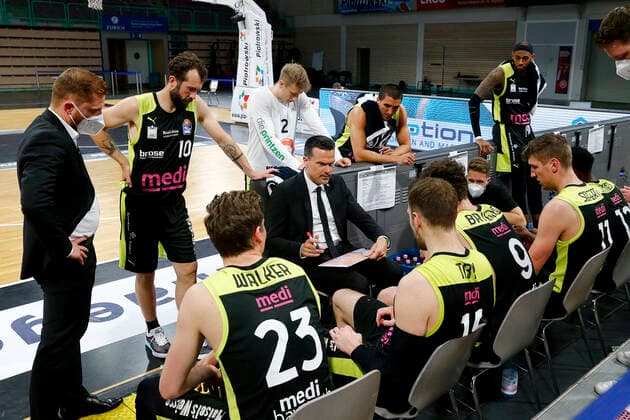 33 Matchday of the easyCredit BBL Basketball Bundesliga on 04 May 2021in the Oberfrankenhalle in Bayreuth Bavaria Germany season 2020 2021 Medi Bayreuth against Fraport Skyliners Frankfurt Raoul Korner Medi Bayreuth coach mitte during timeout