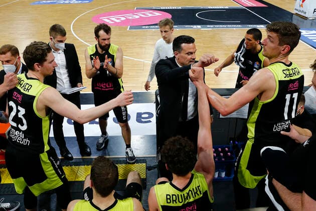33 Matchday of the easyCredit BBL Basketball Bundesliga on 04 May 2021in the Oberfrankenhalle in Bayreuth Bavaria Germany season 2020 2021 Medi Bayreuth against Fraport Skyliners Frankfurt Raoul Korner Medi Bayreuth coach mitte during timeout