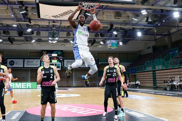 33 Matchday of the easyCredit BBL Basketball Bundesliga on 04 May 2021in the Oberfrankenhalle in Bayreuth Bavaria Germany season 2020 2021 Medi Bayreuth vs Fraport Skyliners Frankfurt Nico Wenzl Medi Bayreuth 2 left Kamari Murphy Fraport Skyliners Frankfurt 21 middle