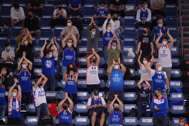 Fans of Anadolu Efes during the Turkish Airlines Euroleague quarter final 5th match between Anadolu Efes and Real Madrid at Sinan Erdem Dome in Istanbul , Turkey on May 04 , 2021. 