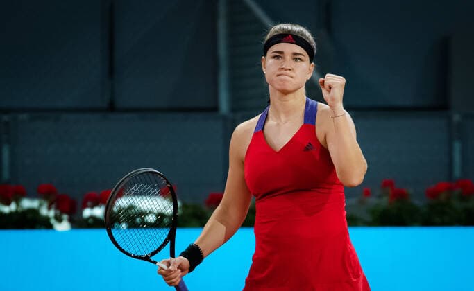 May 4, 2021, MADRID, MADRID, SPAIN: Karolina Muchova of the Czech Republic in action during the third round of the 2021 Mutua Madrid Open WTA, Tennis Damen 1000 tournament against Maria Sakkari of Greece MADRID SPAIN - ZUMAa181 20210504_zaa_a181_383 Copyright: xRobxPrangex