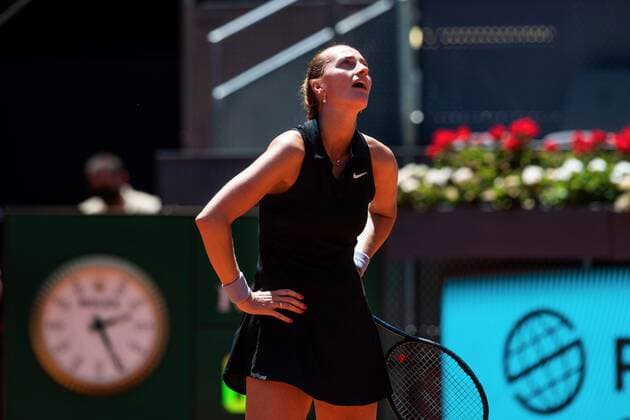 Petra Kvitova of Czech Republic reacts against Ashleigh Barty of Australia during the women s Mutua Madrid Open quarterfinal match held in Madrid, Spain, 05 May 2021. Mutua Madrid Open tennis tournament !ACHTUNG: NUR REDAKTIONELLE NUTZUNG!  Copyright: xRodrigoxJiménezx GRAF010 20210505-637558247772937889