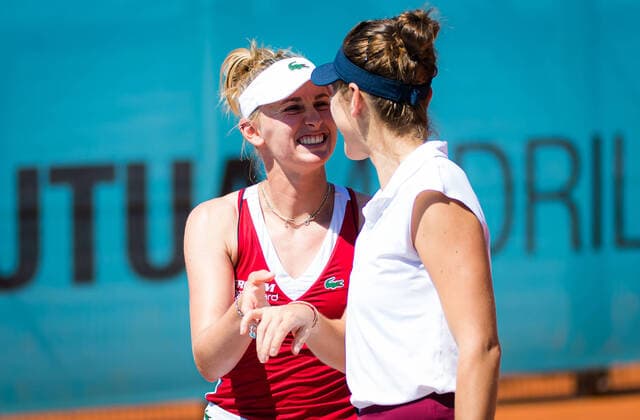 May 5, 2021, MADRID, MADRID, SPAIN: Jil Teichmann & Belinda Bencic of Switzerland in action during the doubles quarter-final match at the 2021 Mutua Madrid Open WTA, Tennis Damen 1000 tournament MADRID SPAIN - ZUMAa181 20210505_zaa_a181_105 Copyright: xRobxPrangex
