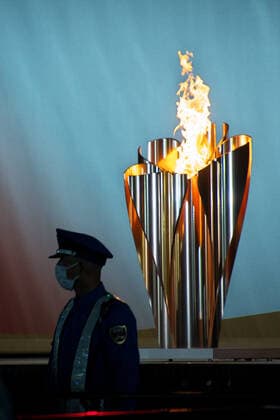 Celebration cauldron is seen displayed during the last leg of the first day of the Tokyo 2020 Olympic torch relay at Yatsushiro harmony-hall in Yatsushiro, Kumamoto-Prefecture on Wednesday, May 5, 2021.  TKP2021050521 KEIZOxMORI