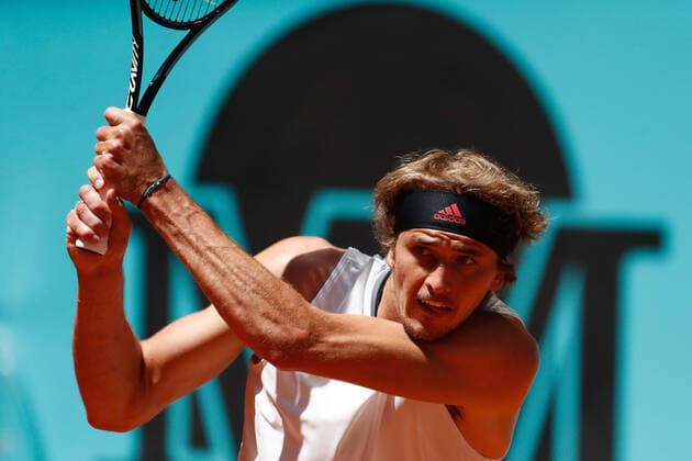 May 5, 2021, MADRID, MADRID, SPAIN: Alexander Zverev of Germany in action during his Men s Singles match, round of 32, against Kei Nishikori of Japan on the ATP, Tennis Herren Masters 1000 - Mutua Madrid Open 2021 at La Caja Magica on May 5, 2021 in Madrid, Spain. MADRID SPAIN - ZUMAa181 20210505_zaa_a181_153 Copyright: xOscarxJ.xBarrosox