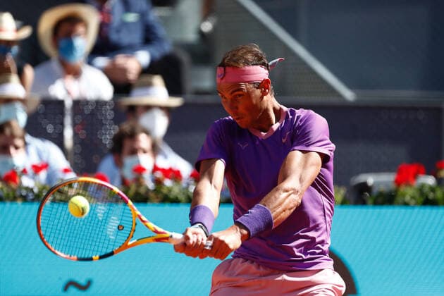May 5, 2021, MADRID, MADRID, SPAIN: Rafael Nadal of Spain in action during his Men s Singles match, round of 32, against Carlos Alcaraz of Spain on the ATP, Tennis Herren Masters 1000 - Mutua Madrid Open 2021 at La Caja Magica on May 5, 2021 in Madrid, Spain. MADRID SPAIN - ZUMAa181 20210505_zaa_a181_244 Copyright: xOscarxJ.xBarrosox