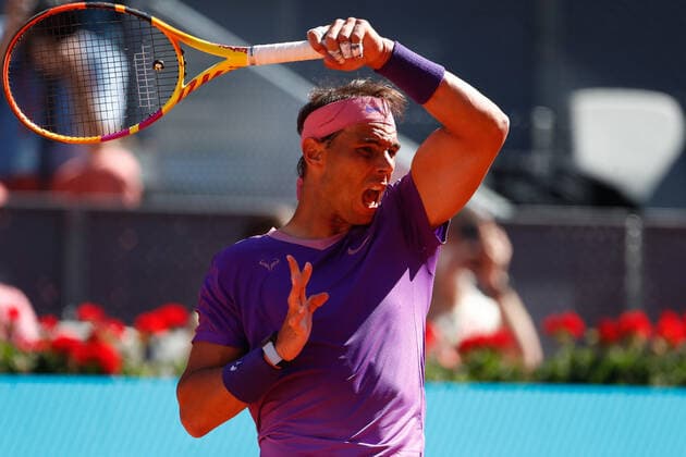 May 5, 2021, MADRID, MADRID, SPAIN: Rafael Nadal of Spain in action during his Men s Singles match, round of 32, against Carlos Alcaraz of Spain on the ATP, Tennis Herren Masters 1000 - Mutua Madrid Open 2021 at La Caja Magica on May 5, 2021 in Madrid, Spain. MADRID SPAIN - ZUMAa181 20210505_zaa_a181_245 Copyright: xOscarxJ.xBarrosox