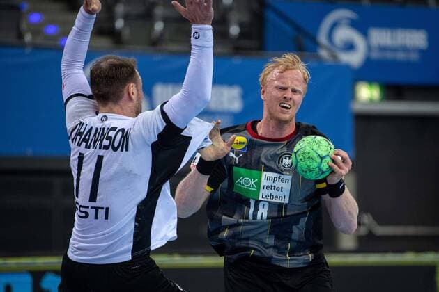Handball Stuttgart 02 05 2021 International Match DHB Men Men EHF Euro 2022 Qualification Germany GER Estonia EST Sebastian Firnhaber Germany, No 18 Martin Johannson Estonia, No 11