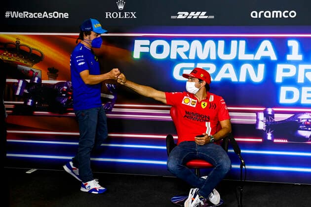F1 Grand Prix of Spain 14 Fernando Alonso (ESP, Alpine F1 Team), 55 Carlos Sainz (ESP, Scuderia Ferrari Mission Winnow), F1 Grand Prix of Spain at Circuit de Barcelona-Catalunya on May 6, 2021 in Barcelona, Spain. (Photo by Mark Sutton LAT Motorsport Images FIA Pool via HOCH ZWEI) Barcelona Spain Poolfoto HOCH ZWEI Pool Motorsport Images ,EDITORIAL USE ONLY