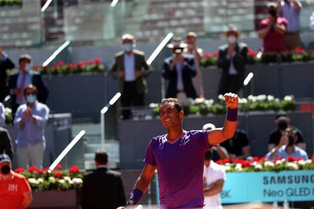 Rafael Nadal of Spain celebrates his win against Alexei Popyrin of Australia during their Mutua Madrid Open tennis tournament round of 16 tennis match held in Madrid, central Spain, 06 May 2021. Rafael Nadal vs Alexei Popyrin !ACHTUNG: NUR REDAKTIONELLE NUTZUNG!  Copyright: xRodrigoxJimenezx GRAF791 20210506-637559161496985803