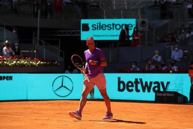 Rafael Nadal of Spain reacts during his Mutua Madrid Open tennis tournament round of 16 tennis match against Alexei Popyrin of Australia held in Madrid, central Spain, 06 May 2021. Rafael Nadal vs Alexei Popyrin !ACHTUNG: NUR REDAKTIONELLE NUTZUNG!  Copyright: xRodrigoxJimenezx GRAF795 20210506-637559162181755261