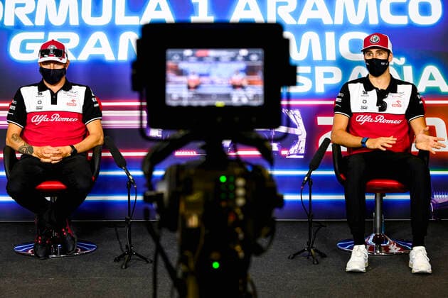 F1 Grand Prix of Spain 7 Kimi Raikkonen (FIN, Alfa Romeo Racing ORLEN), 99 Antonio Giovinazzi (ITA, Alfa Romeo Racing ORLEN), F1 Grand Prix of Spain at Circuit de Barcelona-Catalunya on May 6, 2021 in Barcelona, Spain. (Photo by Mark Sutton LAT Motorsport Images FIA Pool via HOCH ZWEI) Barcelona Spain Poolfoto HOCH ZWEI Pool Motorsport Images ,EDITORIAL USE ONLY