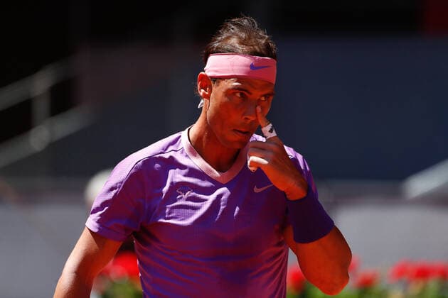 May 6, 2021, MADRID, MADRID, SPAIN: Rafael Nadal of Spain in action during his Men s Singles match, round of 16, against Alexei Popyrin of Australia on the ATP, Tennis Herren Masters 1000 - Mutua Madrid Open 2021 at La Caja Magica on May 6, 2021 in Madrid, Spain. MADRID SPAIN - ZUMAa181 20210506_zaa_a181_103 Copyright: xOscarxJ.xBarrosox
