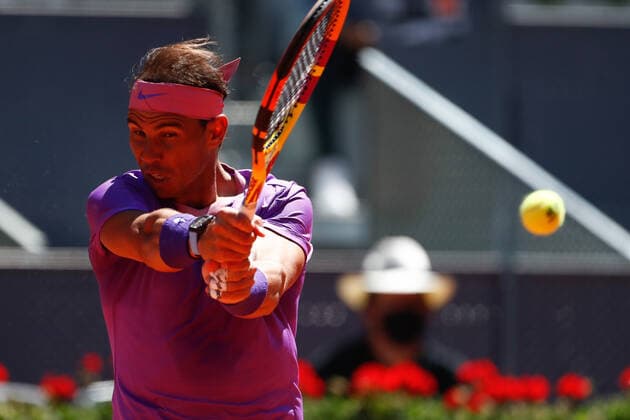 May 6, 2021, MADRID, MADRID, SPAIN: Rafael Nadal of Spain in action during his Men s Singles match, round of 16, against Alexei Popyrin of Australia on the ATP, Tennis Herren Masters 1000 - Mutua Madrid Open 2021 at La Caja Magica on May 6, 2021 in Madrid, Spain. MADRID SPAIN - ZUMAa181 20210506_zaa_a181_114 Copyright: xOscarxJ.xBarrosox