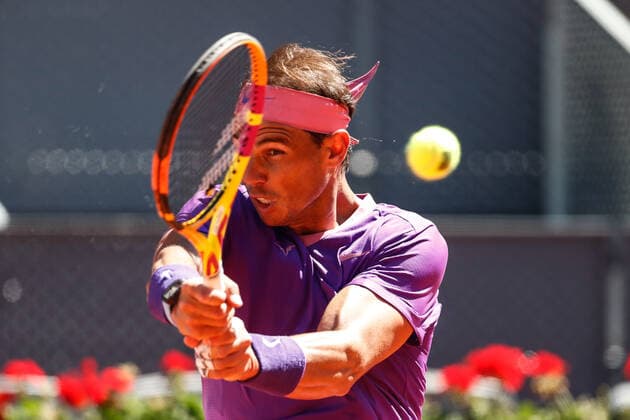 May 6, 2021, MADRID, MADRID, SPAIN: Rafael Nadal of Spain in action during his Men s Singles match, round of 16, against Alexei Popyrin of Australia on the ATP, Tennis Herren Masters 1000 - Mutua Madrid Open 2021 at La Caja Magica on May 6, 2021 in Madrid, Spain. MADRID SPAIN - ZUMAa181 20210506_zaa_a181_121 Copyright: xOscarxJ.xBarrosox
