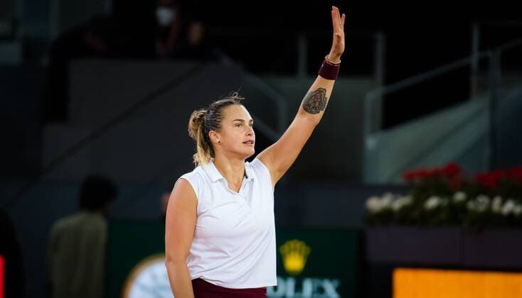 Mandatory Credit: Photo by Rob Prange Shutterstock (11888296bx) Aryna Sabalenka of Belarus in action during the semi-final of the 2021 Mutua Madrid Open WTA, Tennis Damen 1000 tournament Mutua Madrid Open, Tennis, La Caja Magica, Madrid, Spain - 06 May 2021 Mutua Madrid Open, Tennis, La Caja Magica, Madrid, Spain - 06 May 2021  Copyright: xRobxPrange Shutterstockx 11888296bx