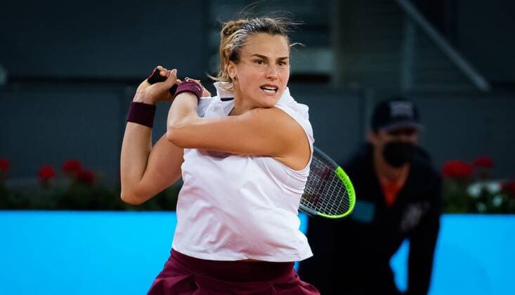Mandatory Credit: Photo by Rob Prange Shutterstock (11888296cc) Aryna Sabalenka of Belarus in action during the semi-final of the 2021 Mutua Madrid Open WTA, Tennis Damen 1000 tournament Mutua Madrid Open, Tennis, La Caja Magica, Madrid, Spain - 06 May 2021 Mutua Madrid Open, Tennis, La Caja Magica, Madrid, Spain - 06 May 2021  Copyright: xRobxPrange Shutterstockx 11888296cc