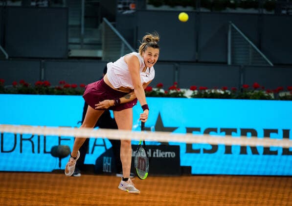 May 6, 2021, MADRID, MADRID, SPAIN: Aryna Sabalenka of Belarus in action during the semi-final of the 2021 Mutua Madrid Open WTA, Tennis Damen 1000 tournament against Anastasia Pavlyuchenkova of Russia MADRID SPAIN - ZUMAa181 20210506_zaa_a181_190 Copyright: xRobxPrangex