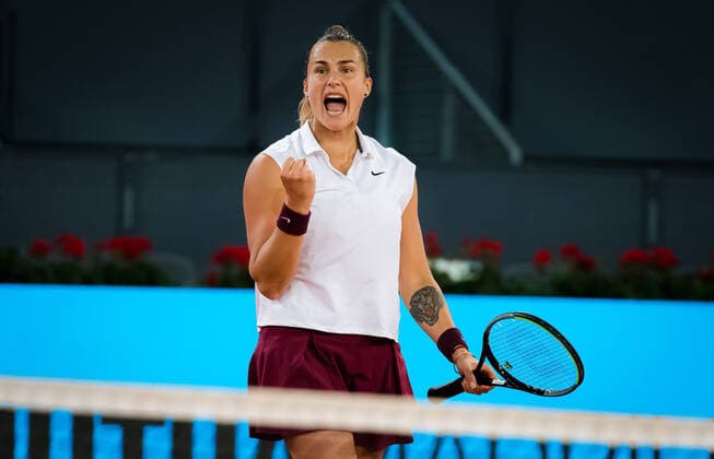 May 6, 2021, MADRID, MADRID, SPAIN: Aryna Sabalenka of Belarus in action during the semi-final of the 2021 Mutua Madrid Open WTA, Tennis Damen 1000 tournament against Anastasia Pavlyuchenkova of Russia MADRID SPAIN - ZUMAa181 20210506_zaa_a181_196 Copyright: xRobxPrangex