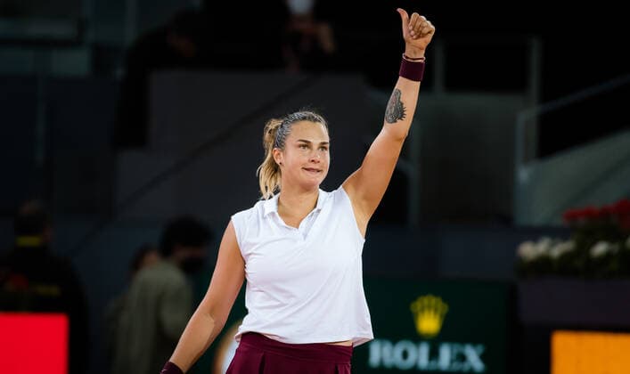 May 6, 2021, MADRID, MADRID, SPAIN: Aryna Sabalenka of Belarus in action during the semi-final of the 2021 Mutua Madrid Open WTA, Tennis Damen 1000 tournament against Anastasia Pavlyuchenkova of Russia MADRID SPAIN - ZUMAa181 20210506_zaa_a181_202 Copyright: xRobxPrangex